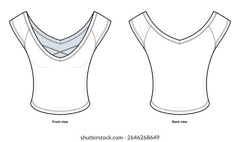 Crisscross V-Neck Yoga Top Technical Fashion Illustration. Short Sleeve Fitted Stretch Blouse with Cord Detail Vector Template. Front and back designs. Slim Fit Women’s Activewear. CAD Mockup set.