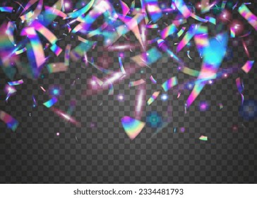 Cristal Confetti. Glitch Effect. Iridescent Sparkles. Purple Retro Tinsel. Metal Realistic Illustration. Flying Art. Modern Foil. Laser Element. Pink Cristal Confetti