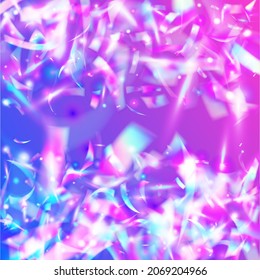 Cristal Confetti. Luxury Art. Violet Blur Background. Disco Flyer. Carnival Sparkles. Flying Foil. Laser Prismatic Template. Bokeh Effect. Pink Cristal Confetti