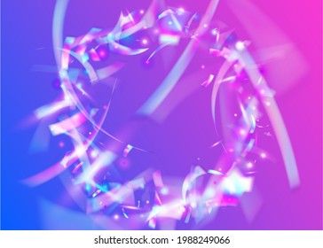 Cristal Effect. Metal Design. Blue Laser Glitter. Surreal Art. Iridescent Texture. Disco Multicolor Template. Flying Foil. Light Glare. Purple Cristal Effect