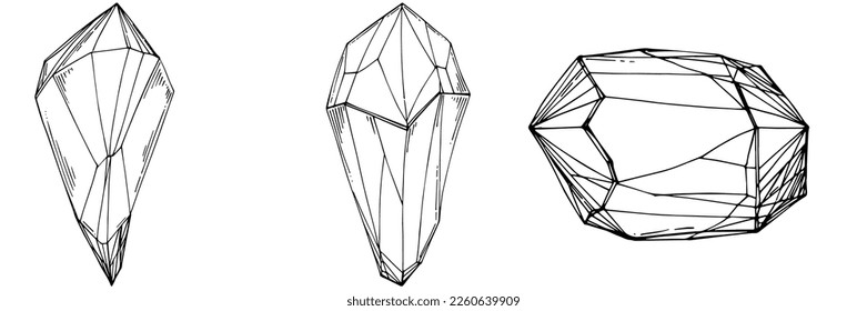 Ilustración del vector cristal. Resumen de objetos geométricos modernos con formas de diamante, cristales. Dibujo a mano en blanco y negro.