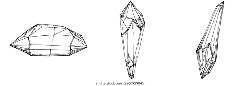 Ilustración del vector cristal. Resumen de objetos geométricos modernos con formas de diamante, cristales. Dibujo a mano en blanco y negro.