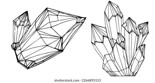 Cristal vector illustration. Abstract modern geometric objects with diamond shapes, crystals. Black and white hand draw.