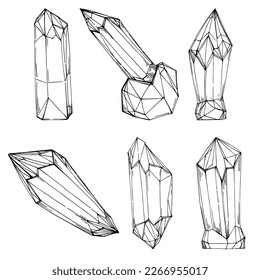 Ilustración del vector cristal. Resumen de objetos geométricos modernos con formas de diamante, cristales. Dibujo a mano en blanco y negro.