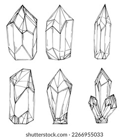 Ilustración del vector cristal. Resumen de objetos geométricos modernos con formas de diamante, cristales. Dibujo a mano en blanco y negro.