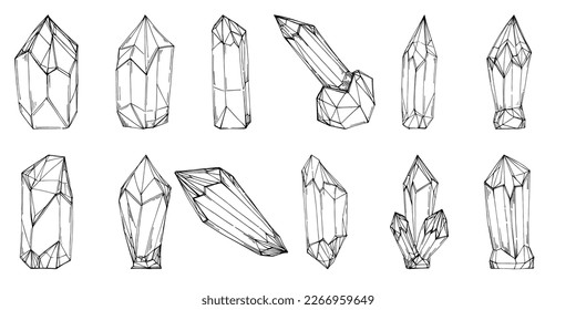 Ilustración del vector cristal. Resumen de objetos geométricos modernos con formas de diamante, cristales. Dibujo a mano en blanco y negro.