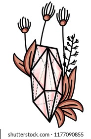 Cristals and plants. Gem colored. diamonds with frame of flowers and plants.