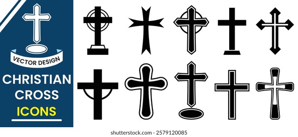 Cristian cross or catholic vector, symbol icon set. Cristian cross icon, vector isolated set on white background. Religious cross symbol. Religious cross symbol. Vector illustration.