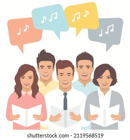 Cristian people. Choir singing, Music school, man and woman vocal group, cartoon vector illustration