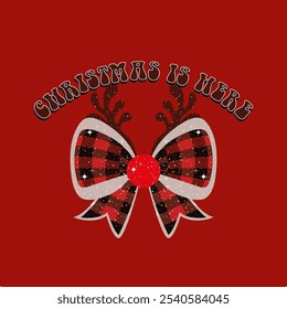 Cristimas es alegre con un arco a cuadros rojo y dos cuernos de reno que acompañan el arco y el Vector de fondo rojo para serigrafía, dtg, dtf, camisetas, carteles, Anuncios, trabajos de sublimación o para cualquier aplicación