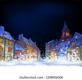 Cristmas background.  Fabulous snow-covered town in the Christmas night. Highly realistic illustration.