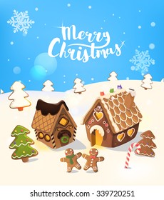 Cristmas Background with gingerbread house, christmas tree, and little men, Vector.