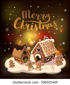 Cristmas Background with gingerbread houses, candy, and gingerbread little men, Vector illustration.