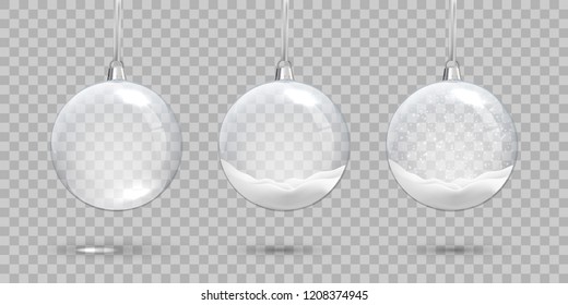 Cristmas ball set. Empty glass transparent ball and balls with snow on transparent background. Vector Christmas and New Year design elements