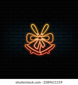 Cristmas bell illustration template. Christmas tree silhouette. neon style..