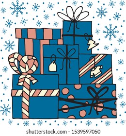 Cristmas blue gift and snowflakes vector illustration. Winter holiday design invitations and cards. Xmas decoration.