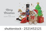 cristmas card with 3d christmas toys and christmas tree. merry christmas banner with 3d realistic elements