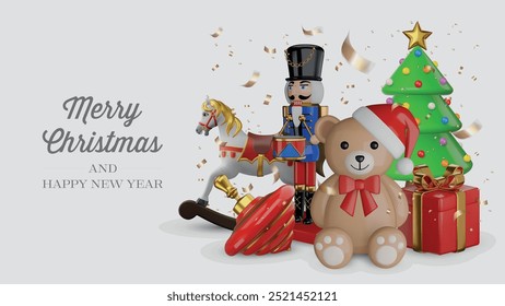 cristmas card with 3d christmas toys and christmas tree. merry christmas banner with 3d realistic elements