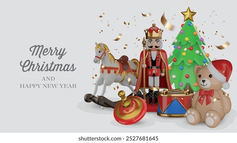 cristmas card with 3d christmas toys and christmas tree. merry christmas banner with 3d realistic elements