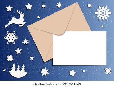 Cristmas card with blue beackground and snow. Blank paper envelopes and white decoration, stars, snowflakes. Vector envelopes template.