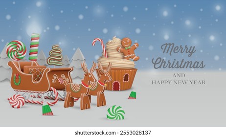 cristmas card with cupcake and gingerbread sleigh on winter backgrond. christmas banner with cookies and candies