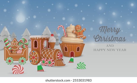 cristmas card with cupcake and gingerbread train on winter background. christmas banner with cookies and candies
