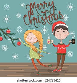 Cristmas card with funny family couple/ boy and girl