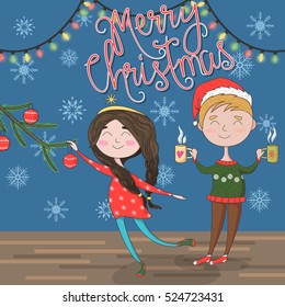 Cristmas card with funny family couple/ boy and girl