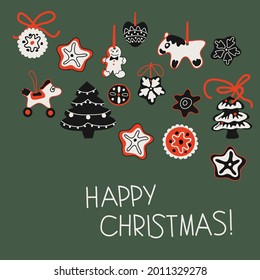 cristmas card with ginger bread and greeting, vector design for paper, fabric and other surfaces