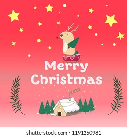 Cristmas card house Funny Deer stars and snow. Sweet home. Red gradient Background with gingerbread houses, candy,