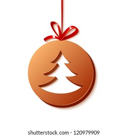 Cristmas chocolate ball with tree inside and red ribbon