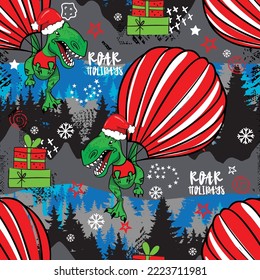 Cristmas Dinosaur t-rex seamless vector pattern. Cool hand drawn background for textille, wrapping paper, kids apparel and more