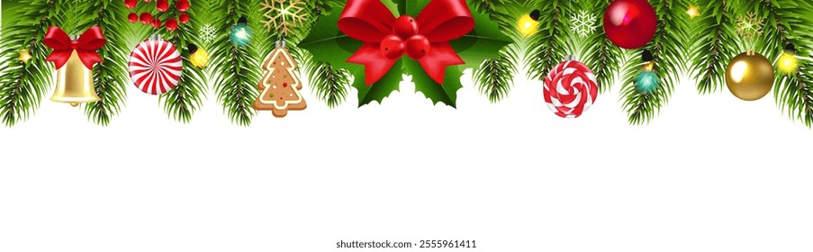 Cristmas Fir Tree And Holly Berry And Xmas Toys With Gradient Mesh, Vector Illustration
