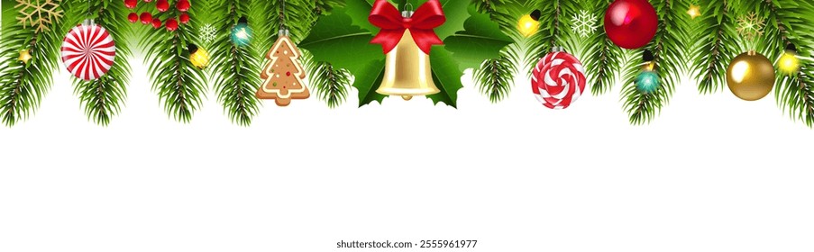 Cristmas Fir Tree And Holly Berry And Toys With Gradient Mesh, Vector Illustration
