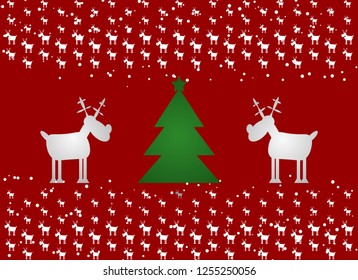 Cristmas Funny Deer and Cristmas tree. Red Background with snow