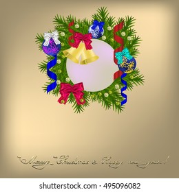Cristmas greeting with wreath, jingle bells, balls and bows