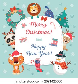 Cristmas and Happy new year postcard, cute amimals on blue Background