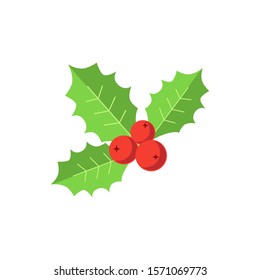Cristmas holly with berry and leaves. Simple flat icon isolated on white background. Vector 10 EPS illustration.