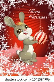 Cristmas illustration with cute rabbit Merry Cristmas greeting card and Happy New Year card with realistic red balls and nowflakes. Vector illustration for postcard