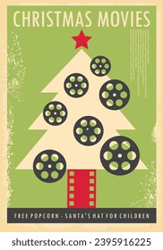 Diseño de afiches de películas de Navidad retro para un evento de cine de vacaciones. El concepto de publicidad vintage de la película de Navidad. Ilustración vectorial de pancartas, tema de entretenimiento de vacaciones de invierno.