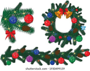 Cristmas new year fir branch garland wreath vector decorated with balls, bell, garland lights, holly and bow knot