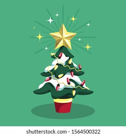 Cristmas Pine Fir-Tree With Electro Shining Garland Gold Star On Green Background