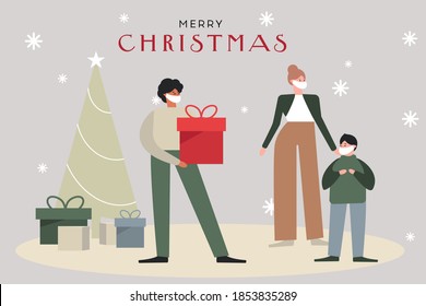 
Cristmas Presents. Father Gives His Son A Gift. Christmas In Covid 19. Flat Illustration. People In Masks. Christmas People