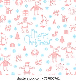 Cristmas seamless pattern. Merry Christmas lettering. Abstract background with characters and icons. Vector illustration. Template for your design works.