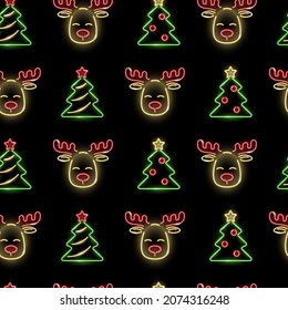 Cristmas seamless pattern with neon icons of Santa's deers faces and Christmas trees on black background. Winter holidays, Xmas, New Year concept. Vector 10 EPS illustration.