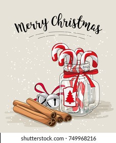 Cristmas still-life, candy canes in glass jar, cinnamon and jingle bells with text Merry Christmas on bright background, vector illustration, eps 10 wit transparency