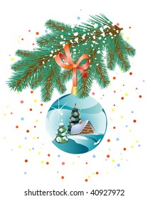 Cristmas toy on pine branch. Vector illustration.