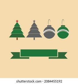 Cristmas tree and christmas tree balls vector for merry gift cards.Flat christmas tree and ball  icon for web and mobile.Green Merry Christmas text area.