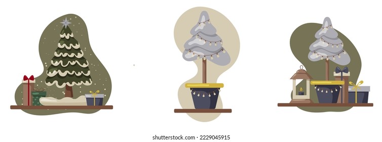 Cristmas tree with gifts. Pines for greeting card, invitation,banner, web.Winter holiday. Icons collection. Beautiful elegant Christmas tree with gifts. Modern flat design, boho style.