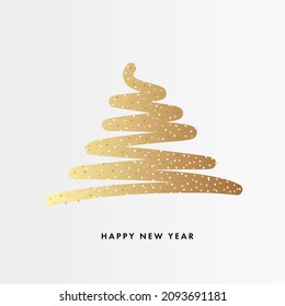 Cristmas tree stylized graphic element, single golden brush line creatin silhouette